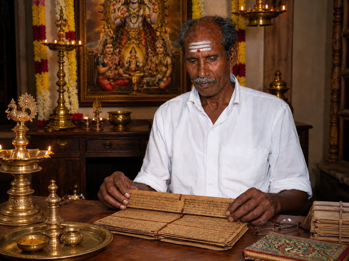 Guruji reading ancient Nadi palm leaves